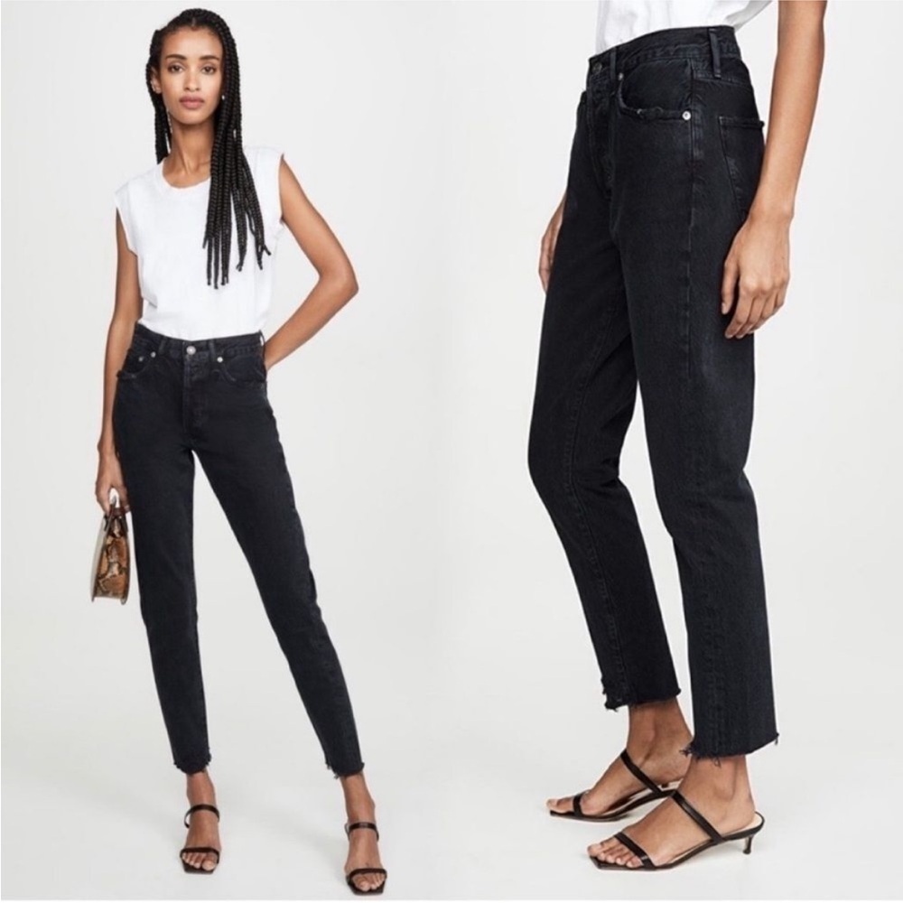 AGOLDE Jamie High Rise Straight Leg Raw Hem Jeans Charcoal Wash Denim 24